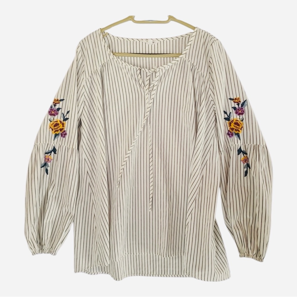 Mittoshop White Striped Blouse Embroidered Floral Details 100 % Cotton Large